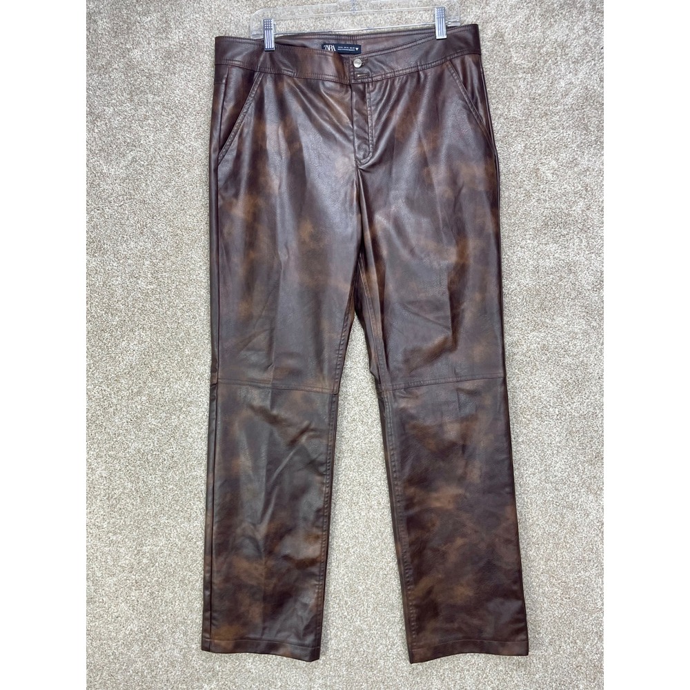 Zara Faux Leather Mottled Straight Leg Pants Womens Sz XL Brown High Rise Grunge